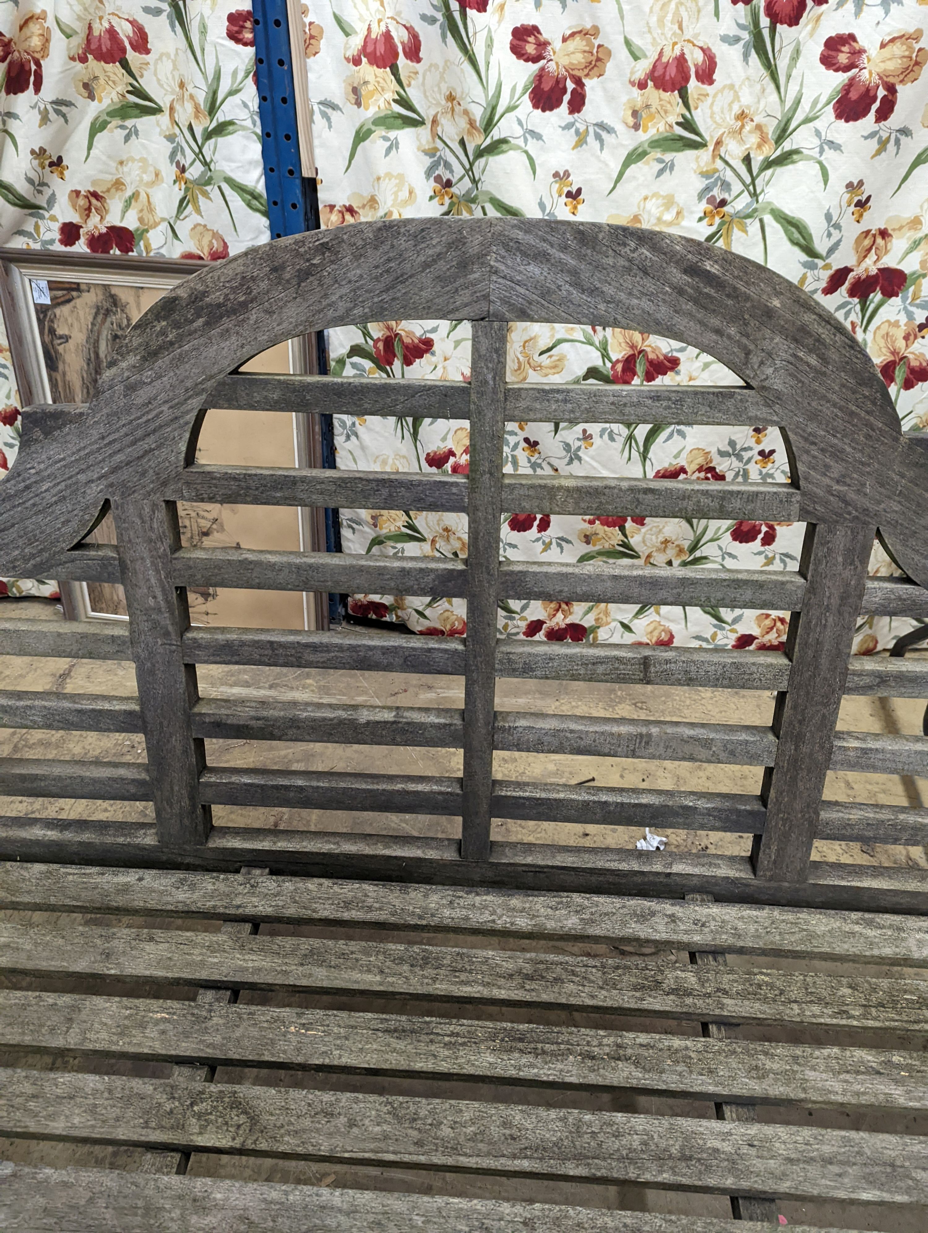 A pair of Lutyens style weathered teak garden benches, length 166cm, depth 53cm, height 105cm